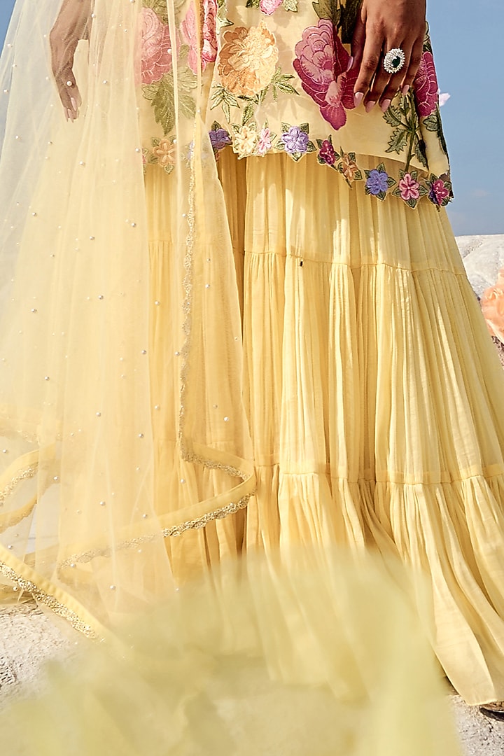Yellow Net & Organza Hand Pleated Wedding Sharara Set by Nikita Vishakha at Pernia's Pop Up Shop