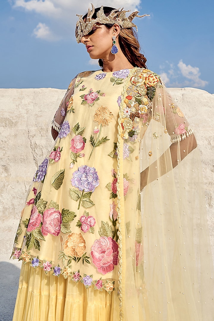 Yellow Net & Organza Hand Pleated Wedding Sharara Set by Nikita Vishakha at Pernia's Pop Up Shop