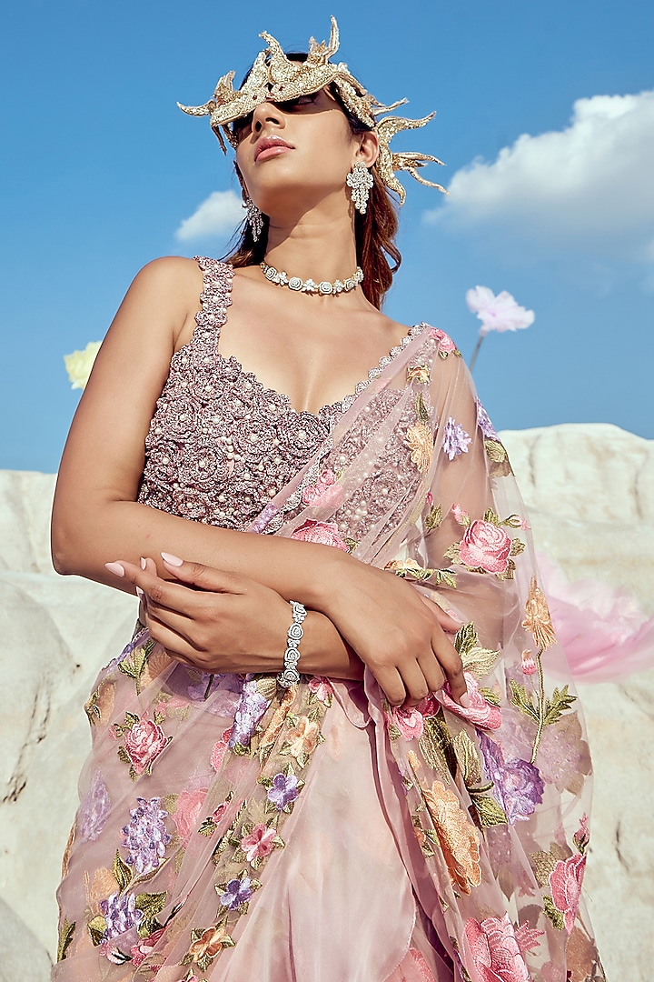 Lilac Organza & Net Embroidered Pre-Draped Wedding Saree Set by Nikita Vishakha at Pernia's Pop Up Shop