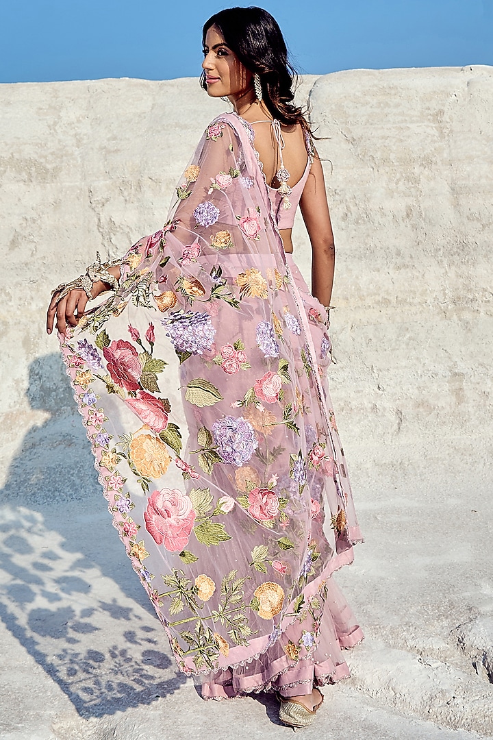 Lilac Tulle Hand Embroidered Pre-Draped Wedding Saree Set by Nikita Vishakha at Pernia's Pop Up Shop