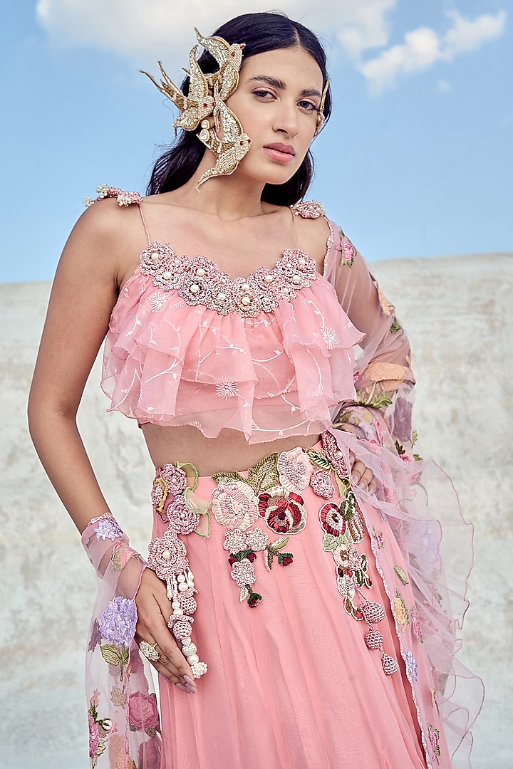 Pink Net & Organza Embroidered Wedding Lehenga Set by Nikita Vishakha at Pernia's Pop Up Shop