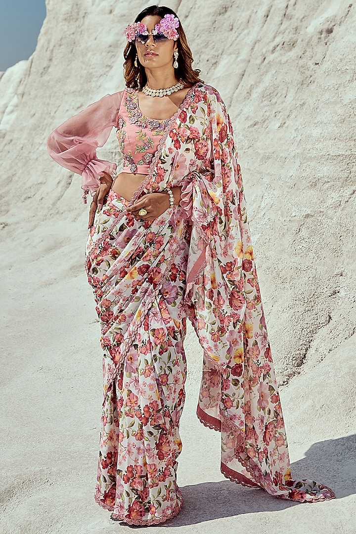 Pink Georgette Pre-Draped Printed & Embroidered Saree Set by Nikita Vishakha