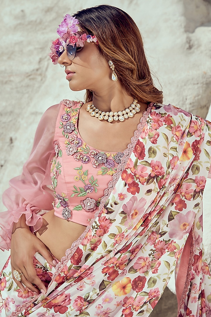 Pink Georgette Pre-Draped Printed & Embroidered Party Wear Saree Set by Nikita Vishakha at Pernia's Pop Up Shop