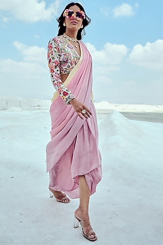 Pink & Yellow Ombre Skirt Saree Set by Nikita Vishakha