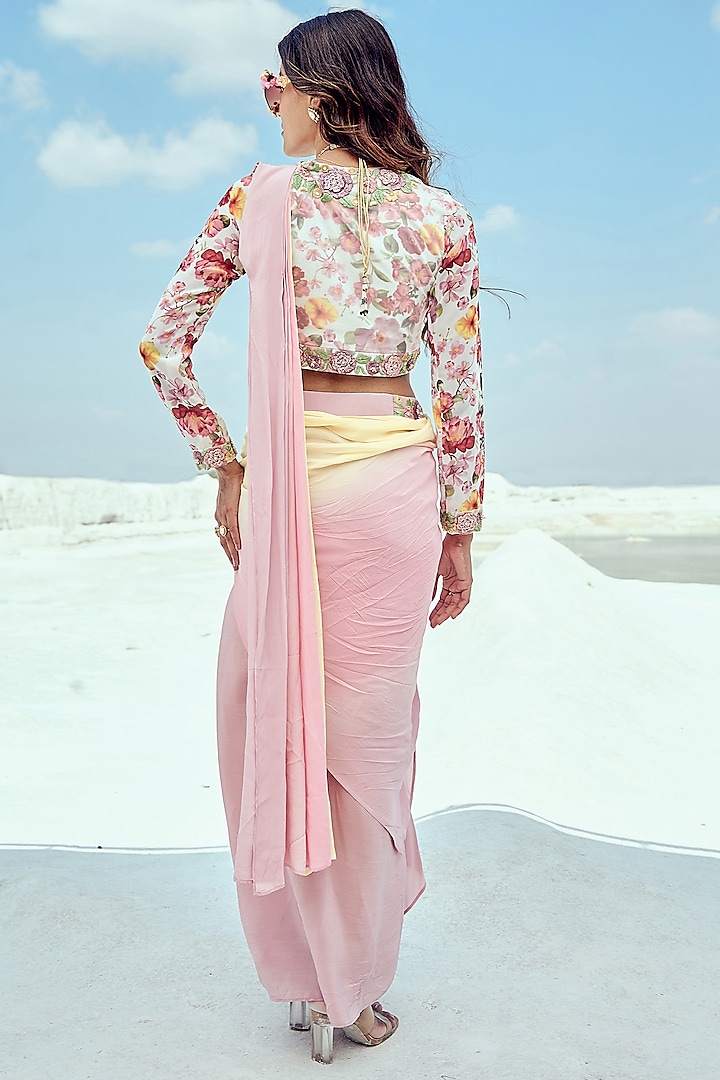 Pink & Yellow Ombre Skirt Party Wear Saree Set by Nikita Vishakha at Pernia's Pop Up Shop