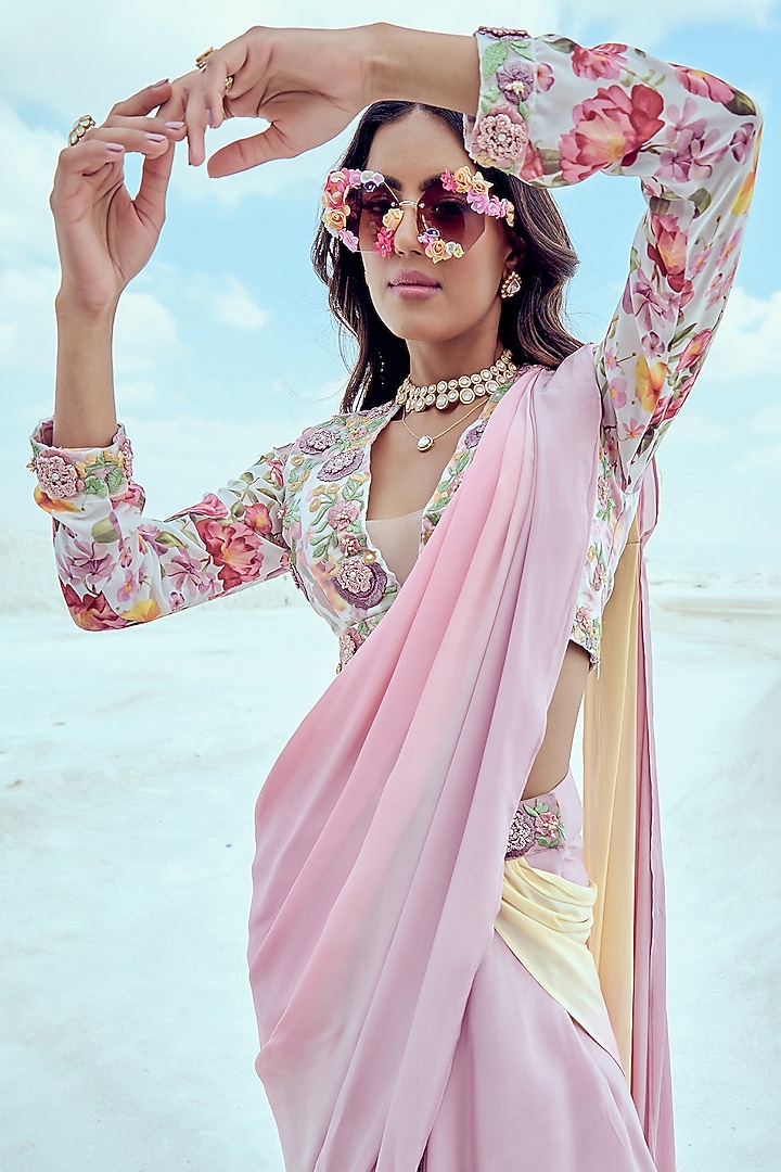 Pink & Yellow Ombre Skirt Party Wear Saree Set by Nikita Vishakha at Pernia's Pop Up Shop