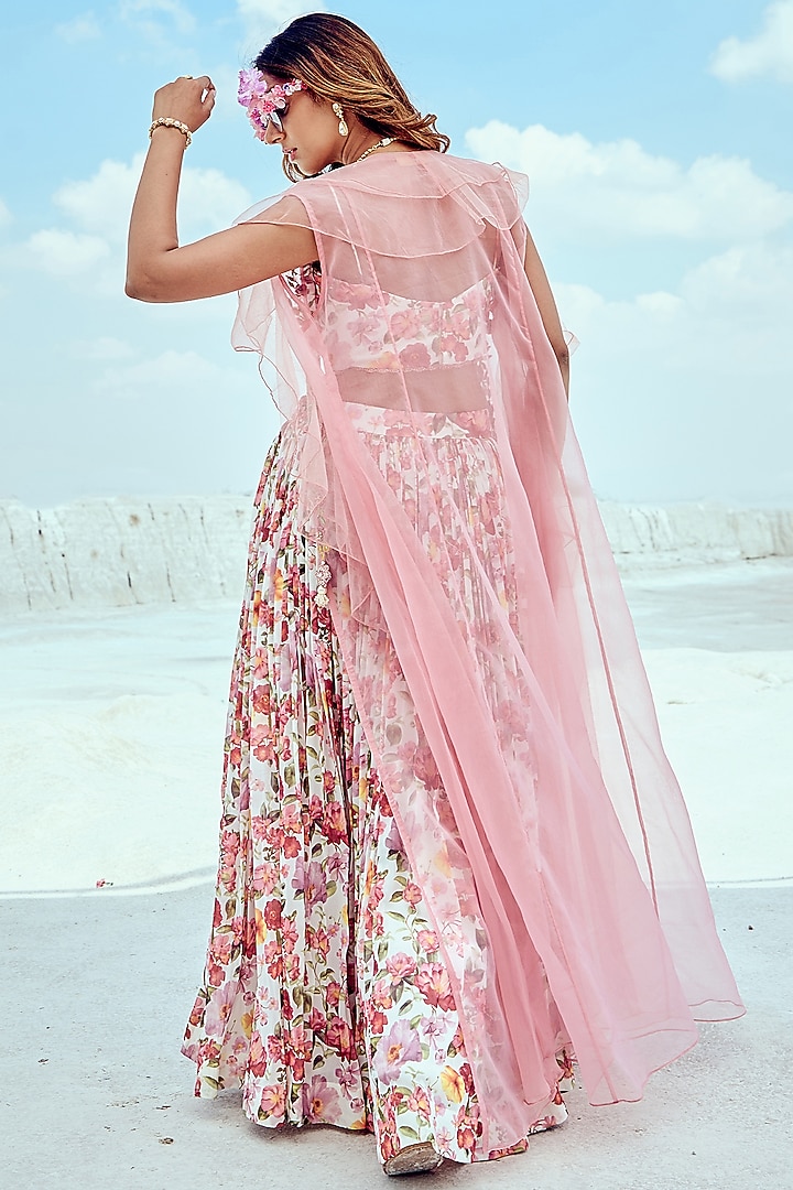 Pink Net & Silk Organza Embroidered Cape Set by Nikita Vishakha at Pernia's Pop Up Shop