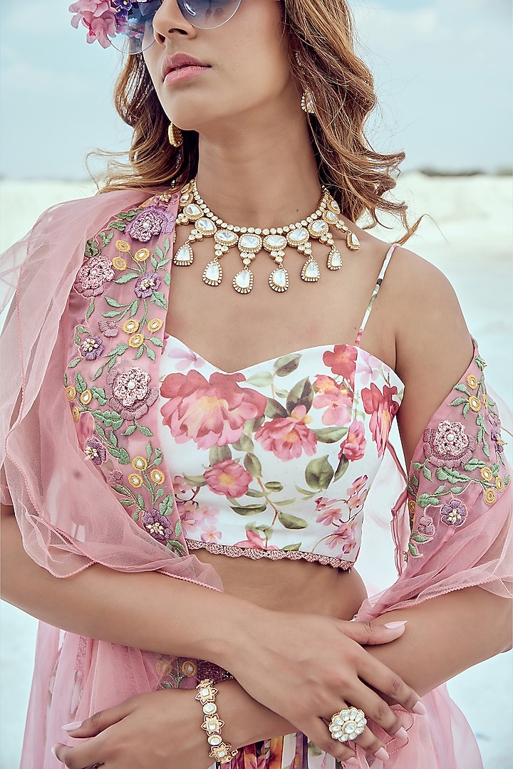 Pink Net & Silk Organza Embroidered Cape Set by Nikita Vishakha at Pernia's Pop Up Shop