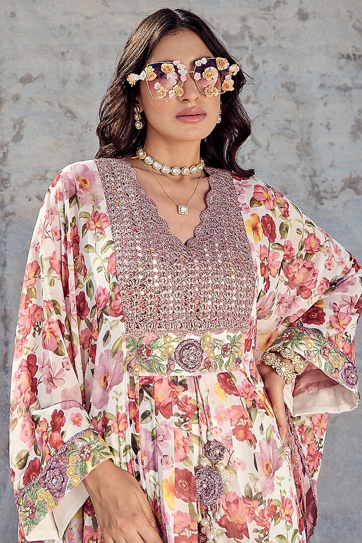 Lilac Georgette Printed & Embroidered Kaftan Set by Nikita Vishakha at Pernia's Pop Up Shop