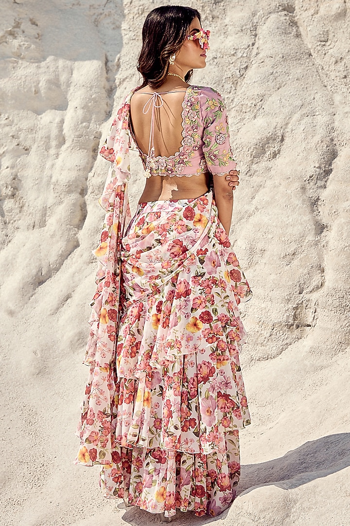 Lilac Georgette Printed Pre-Draped Party Wear Saree Set by Nikita Vishakha at Pernia's Pop Up Shop