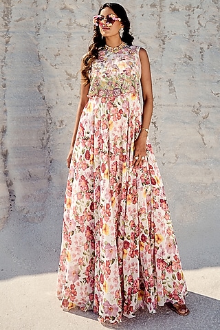 Multi-Colored Georgette Printed & Embroidered Gown by Nikita Vishakha