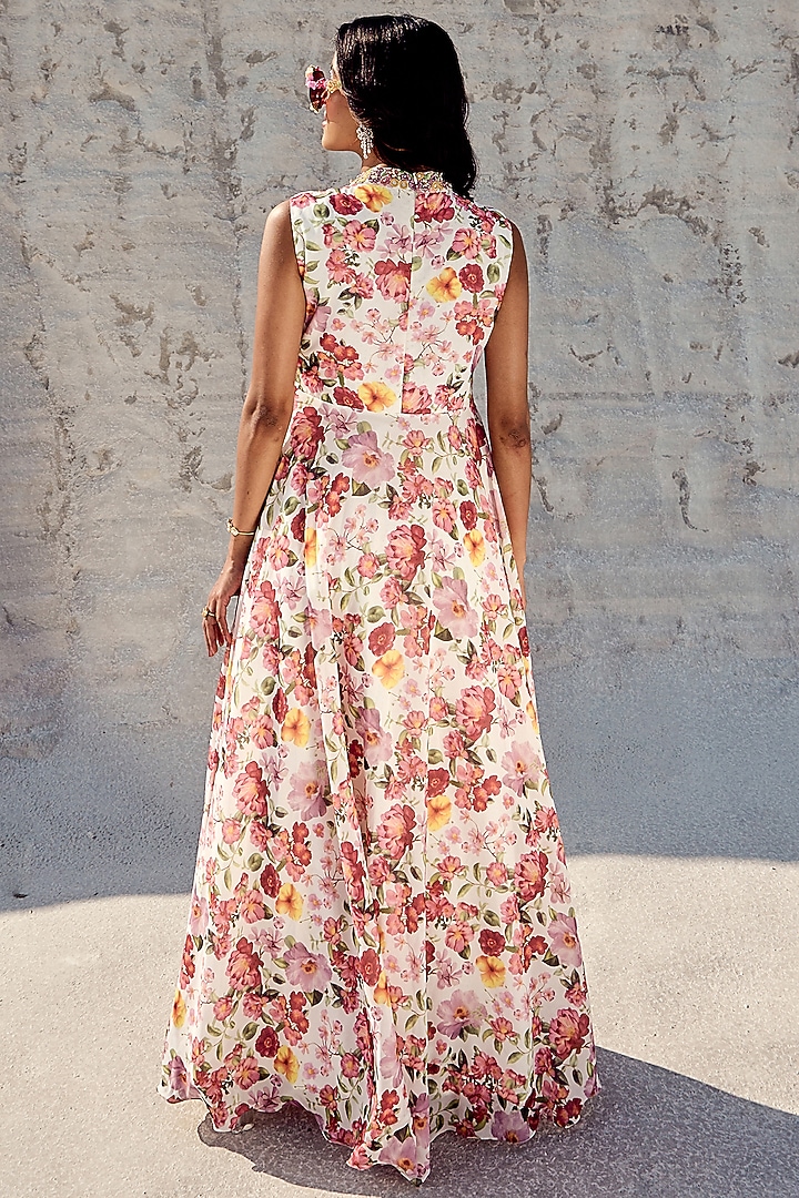 Multi-Colored Georgette Printed & Embroidered Party Wear Gown by Nikita Vishakha at Pernia's Pop Up Shop