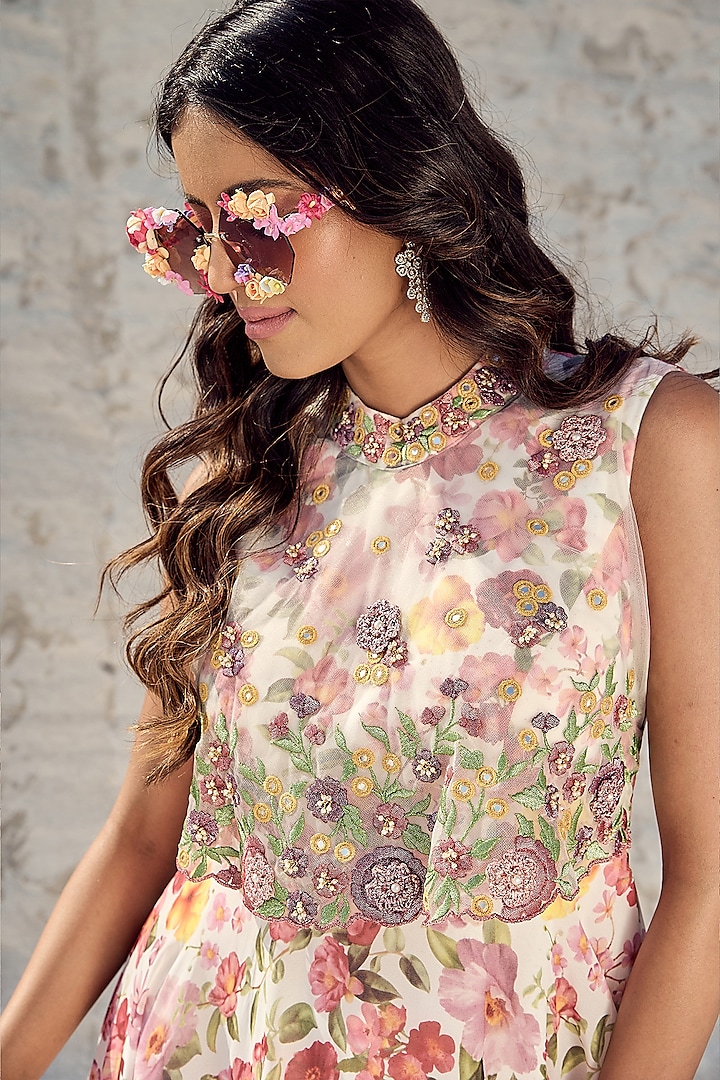 Multi-Colored Georgette Printed & Embroidered Party Wear Gown by Nikita Vishakha at Pernia's Pop Up Shop