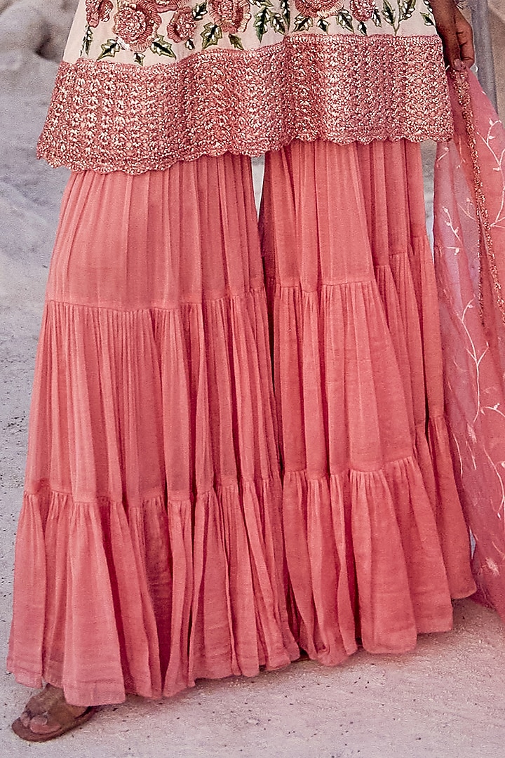 Pink Raw Silk & Organza Pleated Wedding Sharara Set by Nikita Vishakha at Pernia's Pop Up Shop