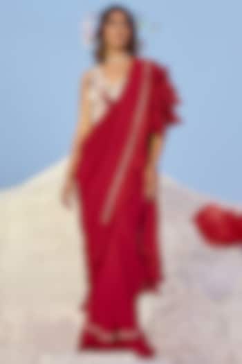 Red Georgette & Organza Draped Saree Set by Nikita Vishakha