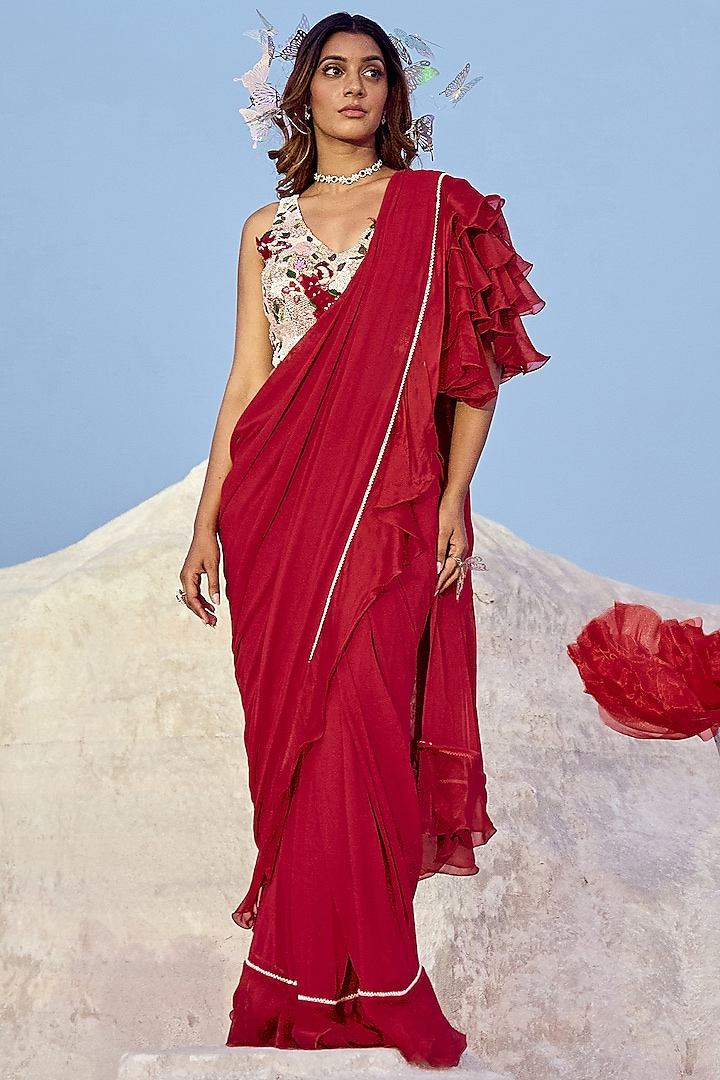 Red Georgette & Organza Draped Saree Set by Nikita Vishakha