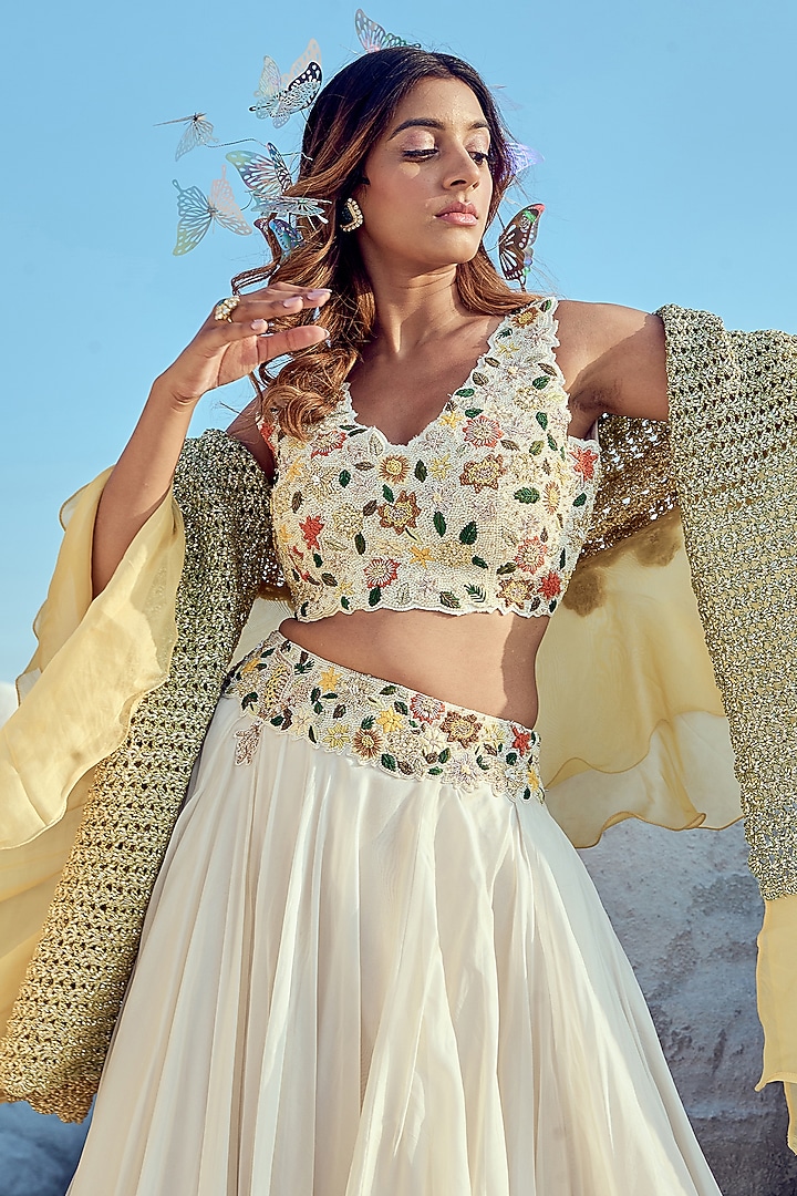 Ivory Organza & Jacquard Embroidered Wedding Lehenga Set by Nikita Vishakha at Pernia's Pop Up Shop
