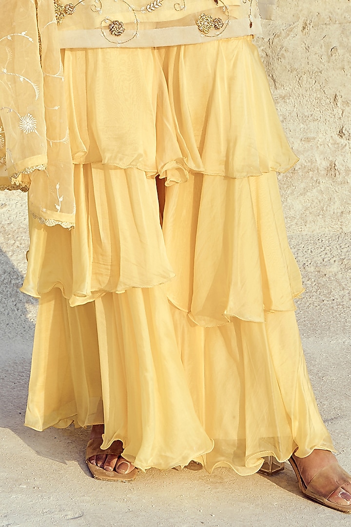 Yellow Butter Crepe & Organza Wedding Sharara Set by Nikita Vishakha at Pernia's Pop Up Shop