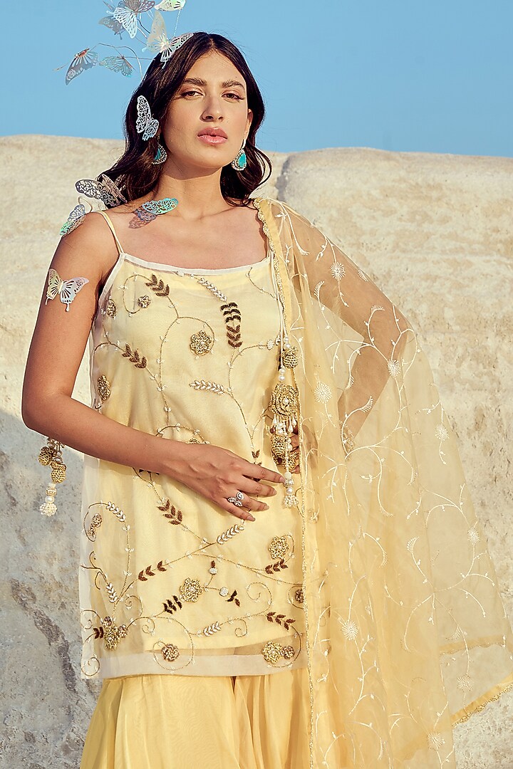 Yellow Butter Crepe & Organza Wedding Sharara Set by Nikita Vishakha at Pernia's Pop Up Shop