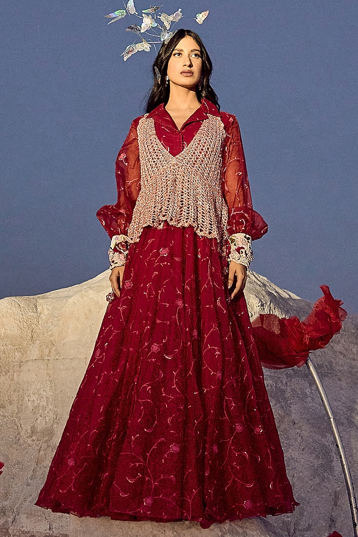 Deep Red Jaal Organza Embroidered Gown With Jacket by Nikita Vishakha