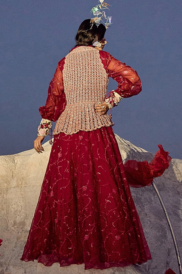 Deep Red Jaal Organza Embroidered Engagement Gown With Jacket by Nikita Vishakha at Pernia's Pop Up Shop