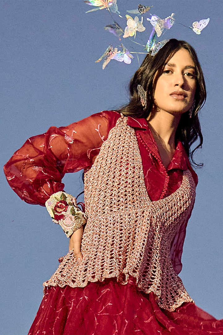 Deep Red Jaal Organza Embroidered Engagement Gown With Jacket by Nikita Vishakha at Pernia's Pop Up Shop