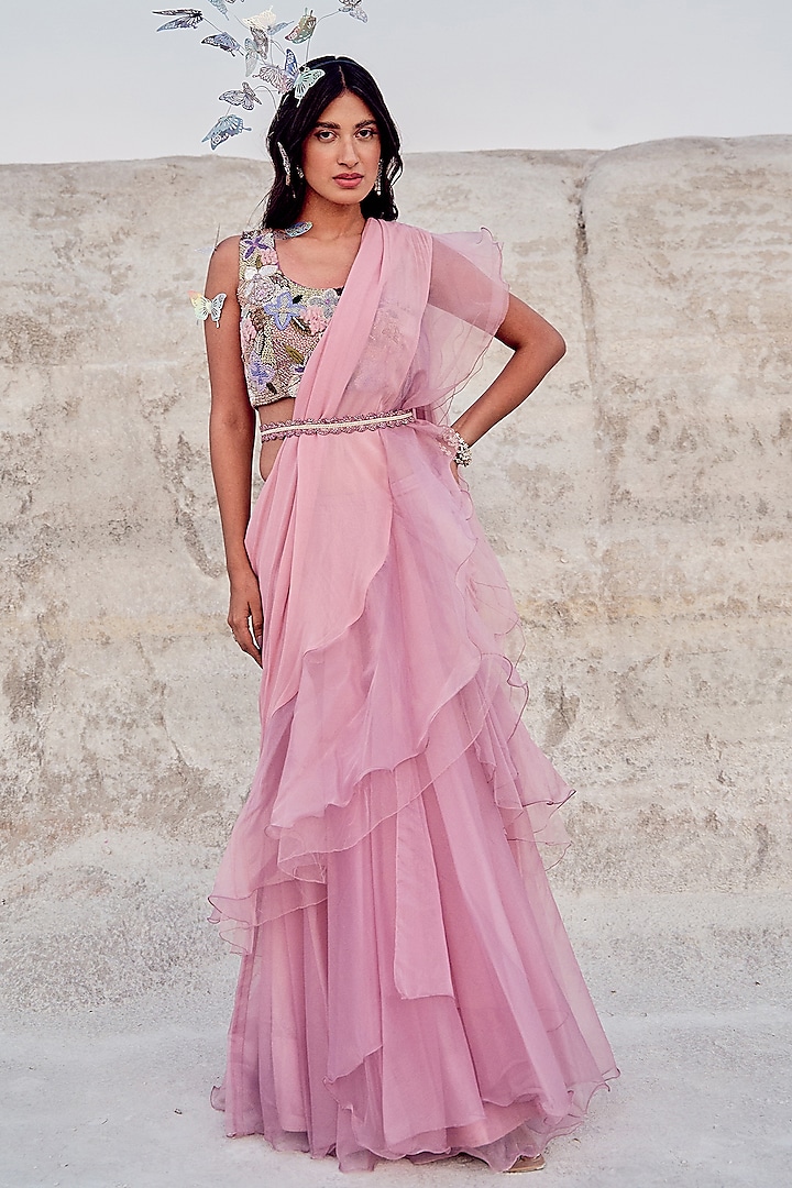 Lilac Net & Organza Ruffled Draped Saree Set by Nikita Vishakha
