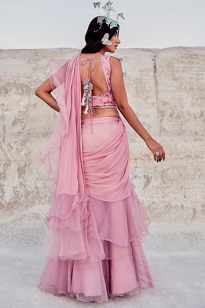 Lilac Net & Organza Ruffled Draped Wedding Saree Set by Nikita Vishakha at Pernia's Pop Up Shop