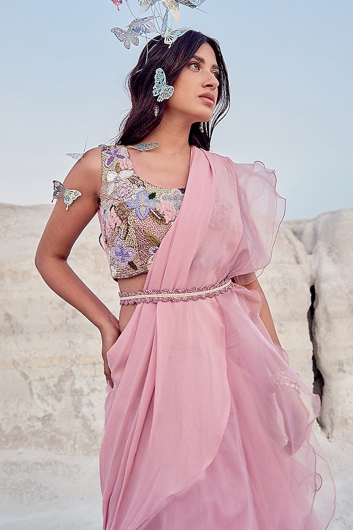 Lilac Net & Organza Ruffled Draped Wedding Saree Set by Nikita Vishakha at Pernia's Pop Up Shop