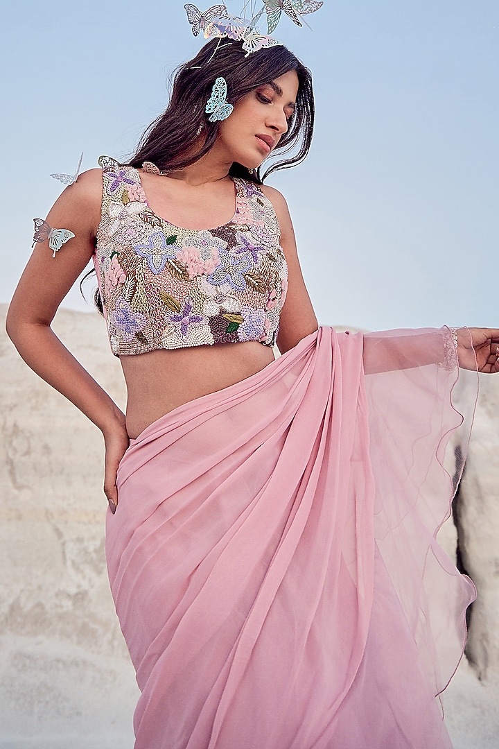 Lilac Net & Organza Ruffled Draped Wedding Saree Set by Nikita Vishakha at Pernia's Pop Up Shop