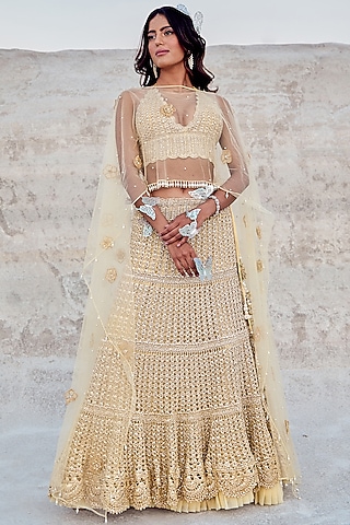 Yellow Mesh & Net Lehenga Set by Nikita Vishakha