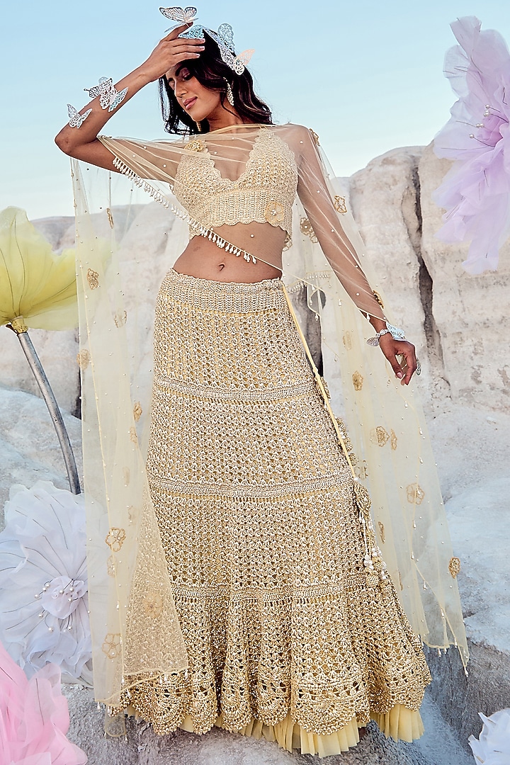 Yellow Mesh & Net Wedding Lehenga Set by Nikita Vishakha at Pernia's Pop Up Shop