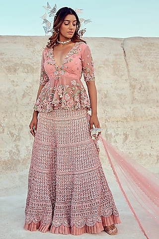 Pink Mesh & Net Hand Knotted Lehenga Set by Nikita Vishakha