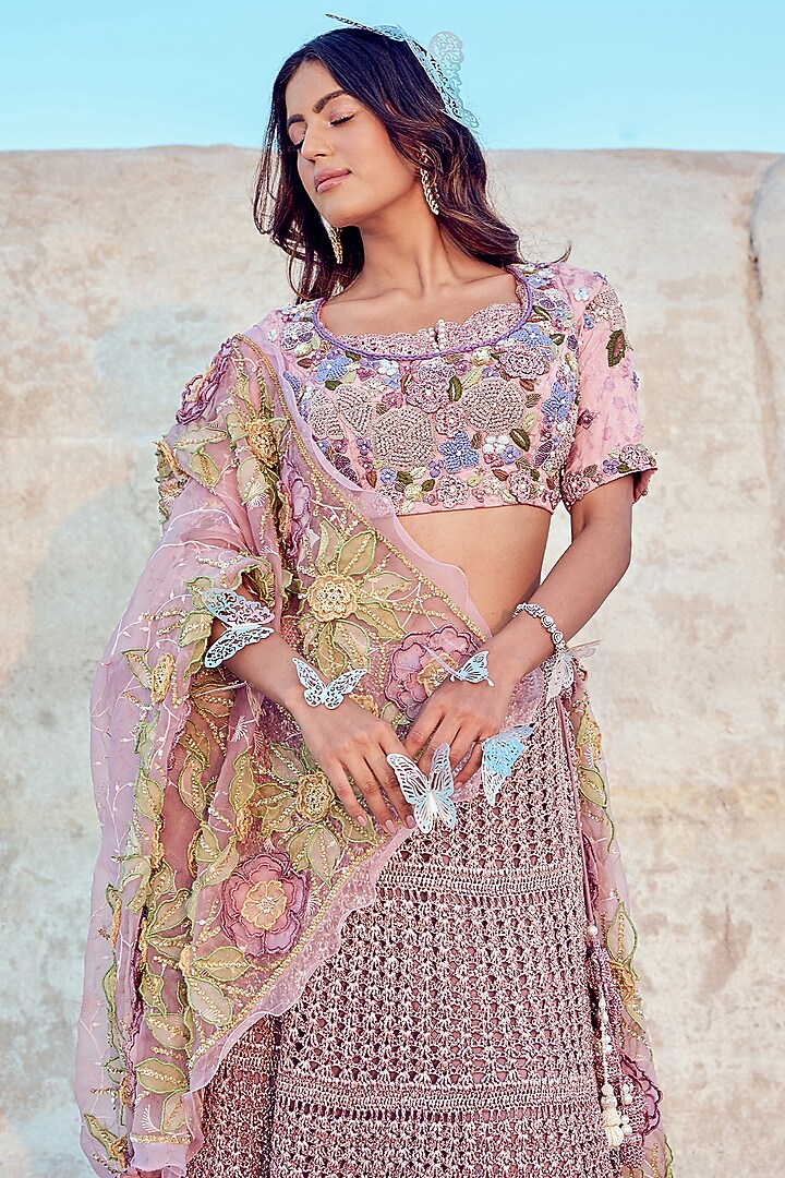 Lilac Mesh Hand Knotted Wedding Lehenga Set by Nikita Vishakha at Pernia's Pop Up Shop