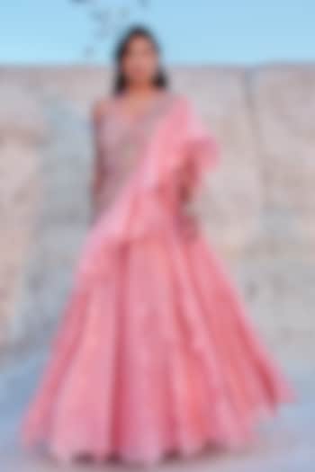Pink Pure Organza Skirt Saree Set by Nikita Vishakha