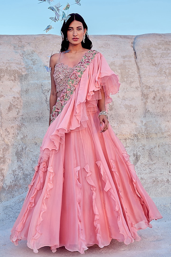 Pink Pure Organza Skirt Saree Set by Nikita Vishakha
