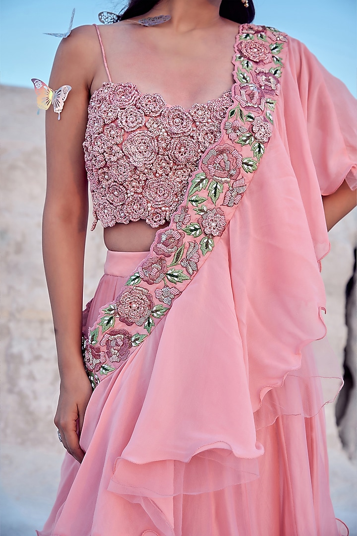 Pink Pure Organza Skirt Wedding Saree Set by Nikita Vishakha at Pernia's Pop Up Shop