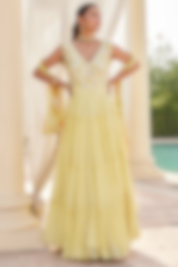 Light Yellow Georgette Embroidered Gown by Nikita Vishakha