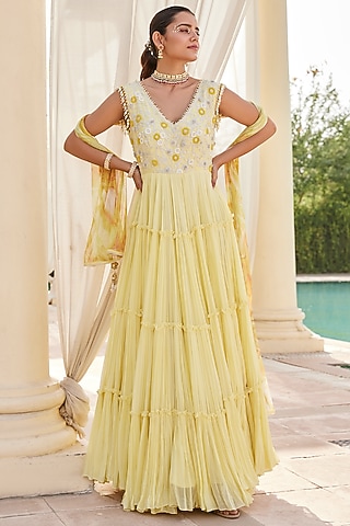 Light Yellow Georgette Embroidered Gown by Nikita Vishakha
