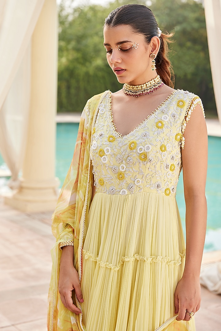 Light Yellow Georgette Embroidered Engagement Gown by Nikita Vishakha at Pernia's Pop Up Shop