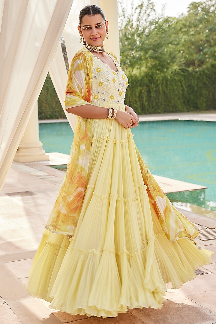 Light Yellow Georgette Embroidered Engagement Gown by Nikita Vishakha at Pernia's Pop Up Shop