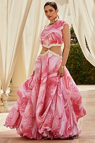 Pink Pleated Linen Satin Pearl Embellished Maxi Dress by Nikita Vishakha