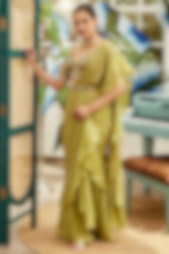 Green Georgette Ruffled Wedding Saree Set by Nikita Vishakha at Pernia's Pop Up Shop