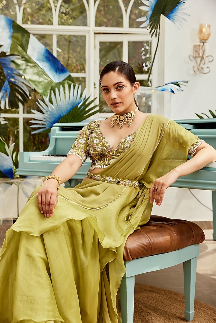 Green Georgette Ruffled Wedding Saree Set by Nikita Vishakha at Pernia's Pop Up Shop