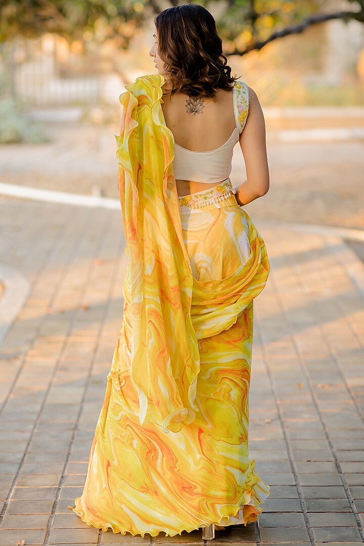 Yellow Glass Bead Embroidered Wedding Saree Set by Nikita Vishakha at Pernia's Pop Up Shop
