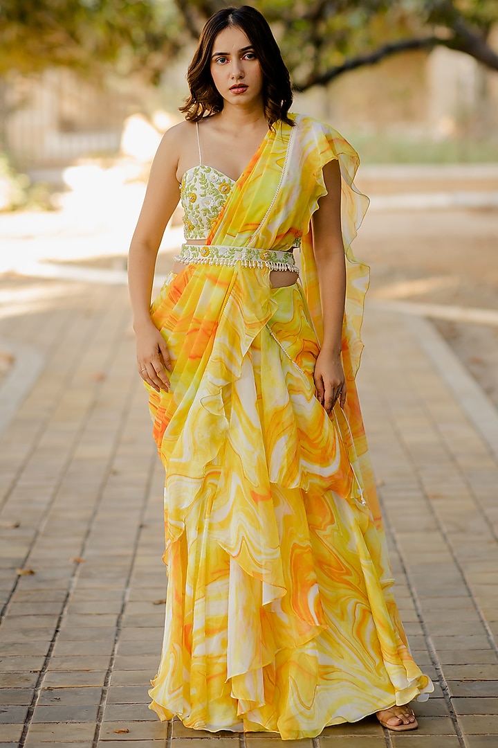 Yellow Ruffled Moti Embellished Saree Set by Nikita Vishakha