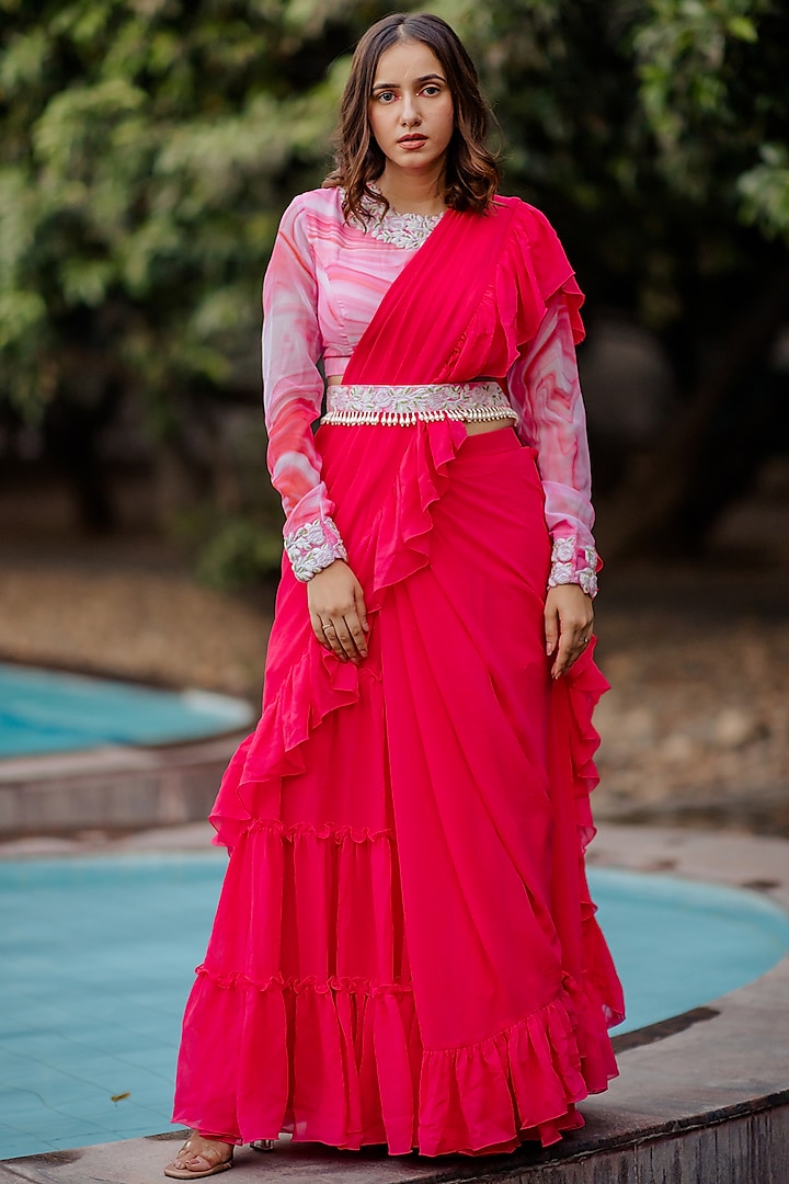 Dark Pink Dori Embroidered Saree Set by Nikita Vishakha