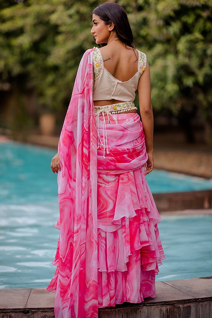 Pink Glass Beads Embroidered Wedding Saree Set by Nikita Vishakha at Pernia's Pop Up Shop