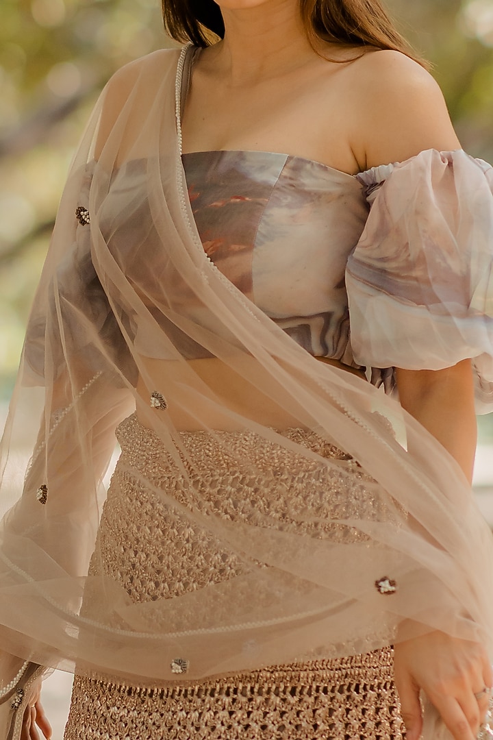 Brown Mesh Tasseled Skirt Set by Nikita Vishakha at Pernia's Pop Up Shop