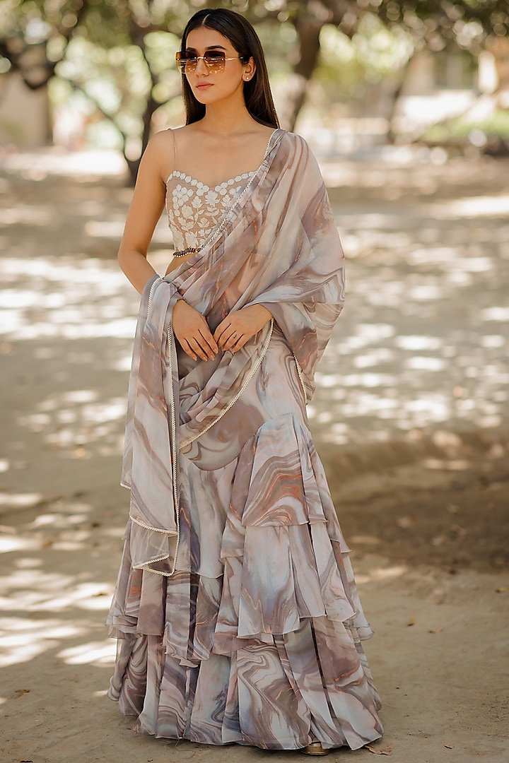 Brown Georgette Dori Embroidered Wedding Saree Set by Nikita Vishakha at Pernia's Pop Up Shop